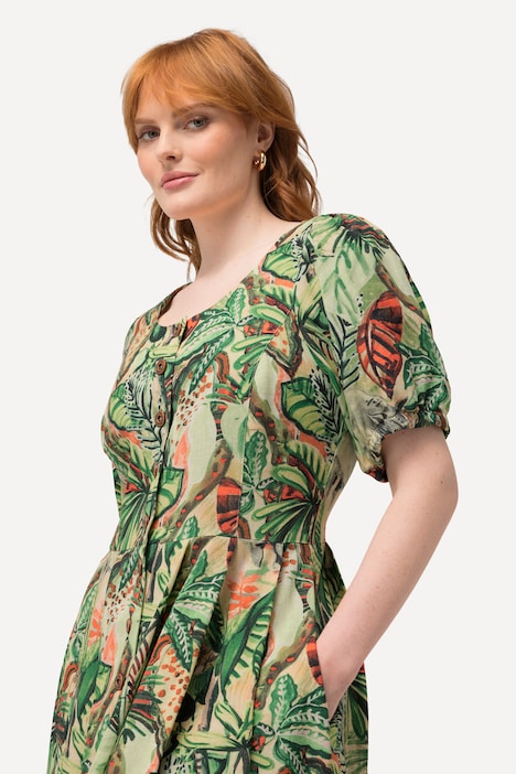 Kleid, Blätter, Leinenmix, Rundhals, Halbarm