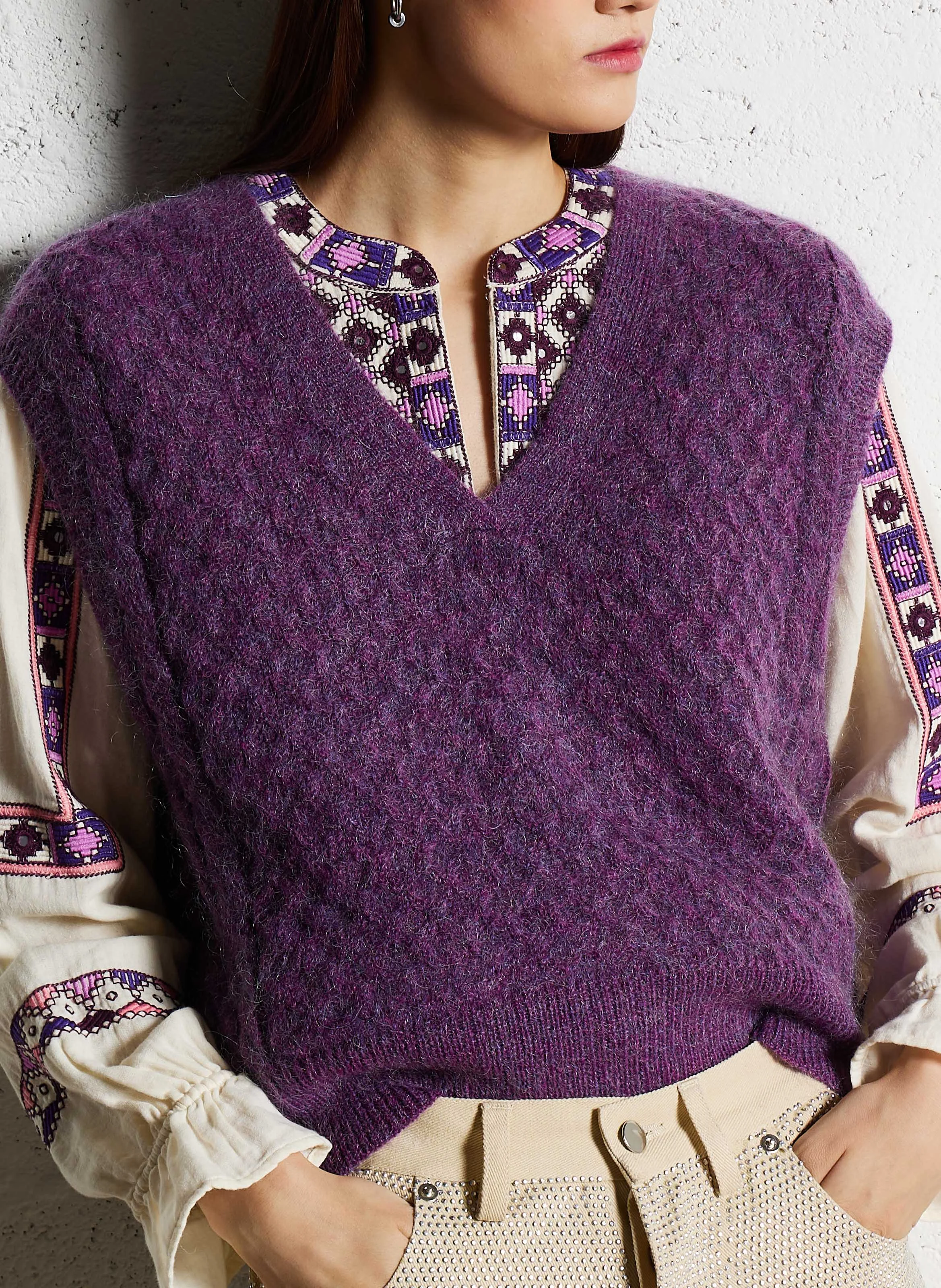 RANY - Cardigan droit col V en laine mélangée | Violet