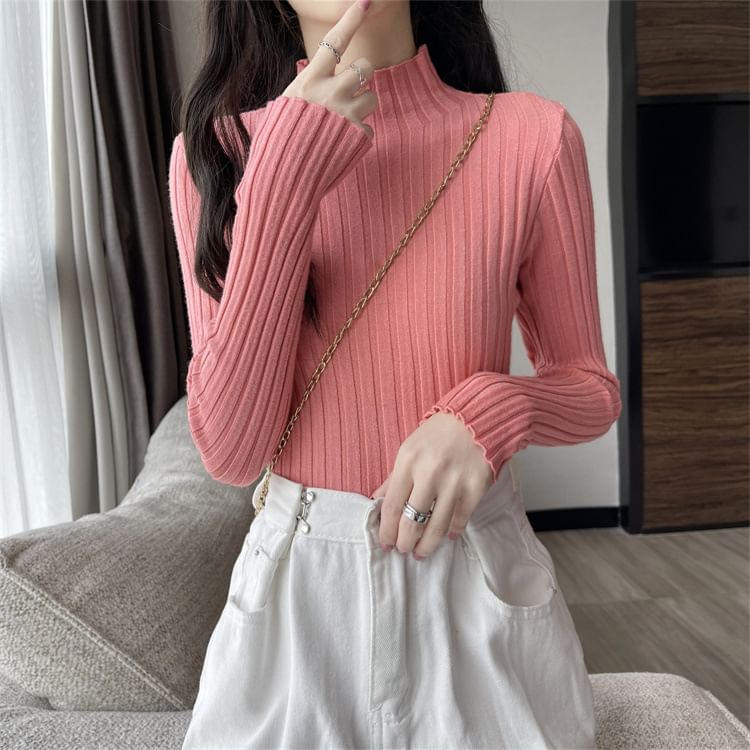 LINSI - Effen gebreide top met lange mouwen en mockneck