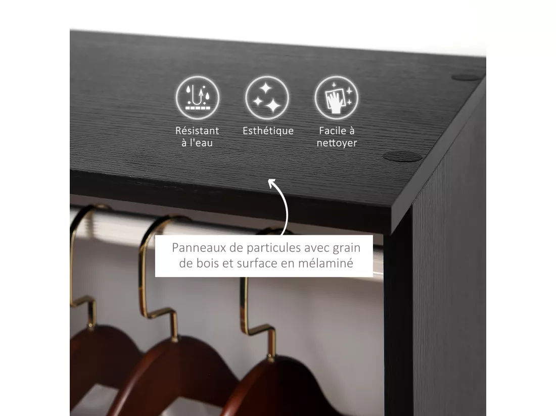 Armoire penderie meuble de rangement mobile 6 roulettes 120L x 40l x 128H cm panneaux de particules aspect bois noir