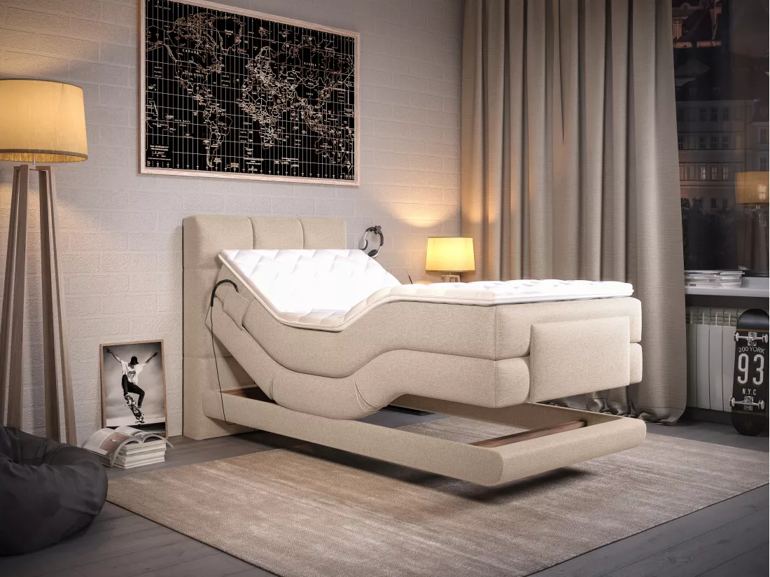 Ensemble complet boxspring tête de lit capitonnée + sommiers relaxation électrique + matelas + surmatelas - 100 x 200 cm - Tissu - Beige - LODI de PALACIO