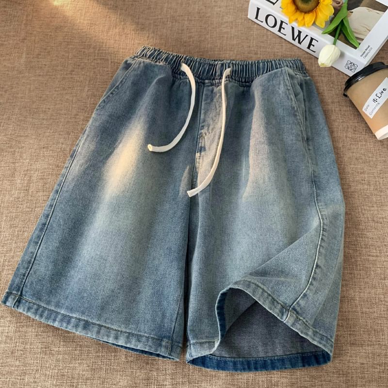Kimeya - Gewassen denim shorts met wijde pijpen en trekkoord in de taille