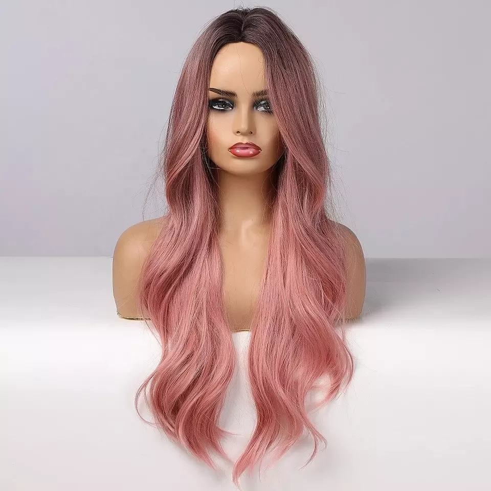 (70cm) Lange Kunsthaar Perücke Synthetic Wig Perücke mit verstellbarer Kappe - Rosa / Braun