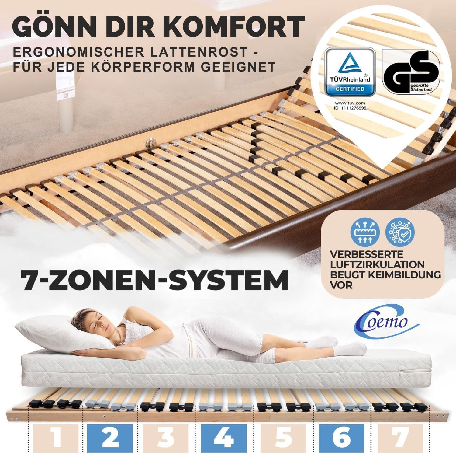 2er-Set Lattenrost ERGO K 70x200 cm Buchenholz, stabiler Lattenrost bis 140Kg, Doppelpack Lattenrahmen Kopfteil verstellbar, 7 Zonen Bettrost mit 28 Latten für Doppelbetten Liegefläche 140x200 cm