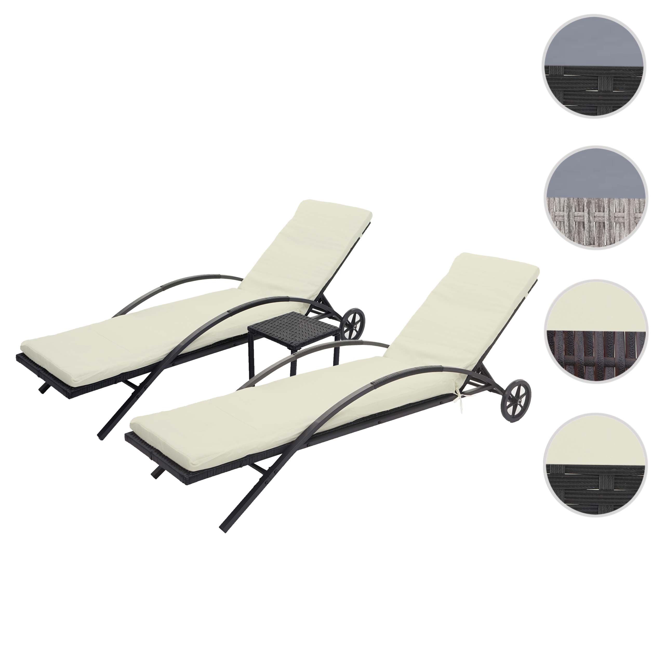 2er-Set Sonnenliege MCW-E27, Relaxliege Gartenliege, Poly-Rattan ~ schwarz, Kissen creme-beige