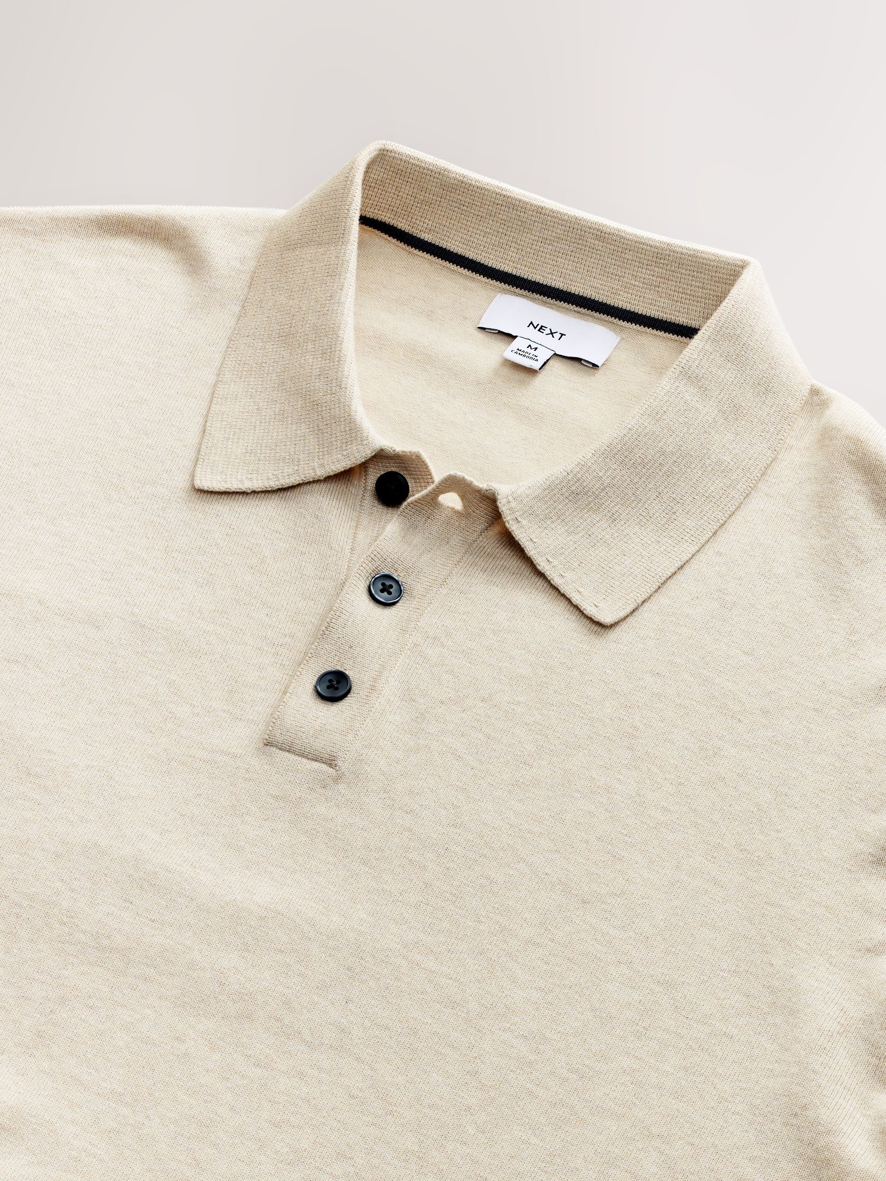 Gemêleerd naturel - Normale Pasvorm - Katoenrijk gebreid poloshirt met lange mouwen