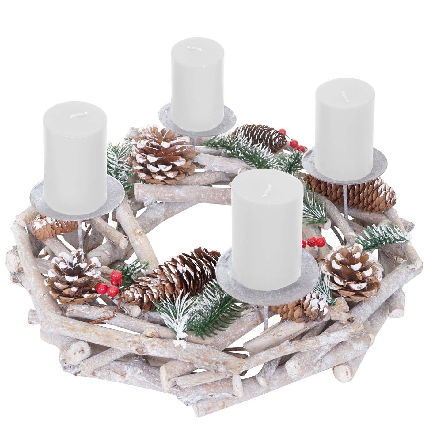 Tischkranz rund, Weihnachtsdeko Adventskranz, Holz Ø 35cm weiß-grau ~ mit Kerzen, weiß