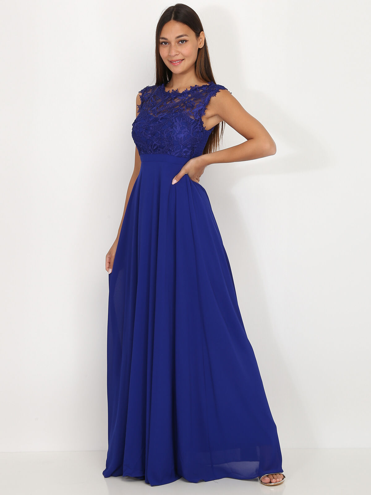 Robe longue à dentelle- Bleu