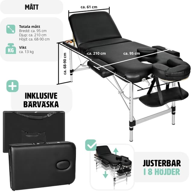 Massagebriks i aluminium med 3 zoner, 5cm polstring + taske
