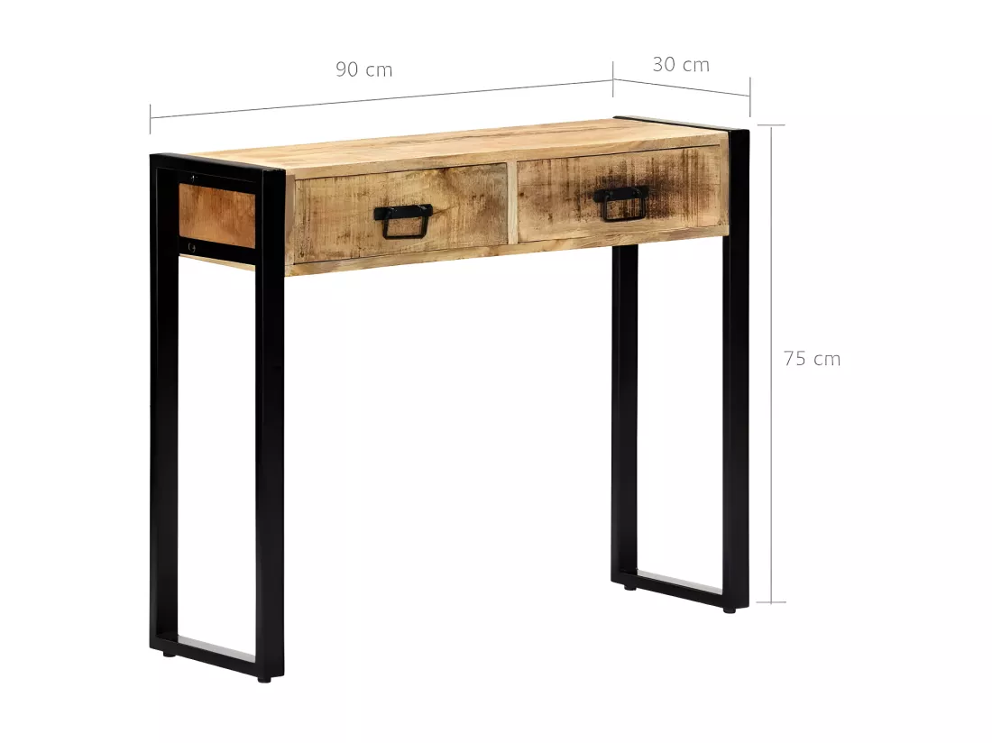 Console 2 tiroirs manguier massif clair et métal noir Grey
