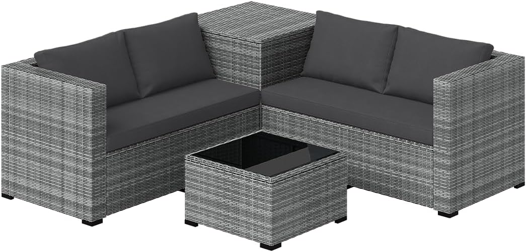 STEELSØN Veloria Rattan Gartenmöbel Set 4-TLG. – Gartenlounge mit Sofas, Tisch & Box – Outdoor Sitzgruppe bis 4 Personen – Sitzgarnitur Garten/Balkon/Terasse grau/anthrazit mit Stauraum