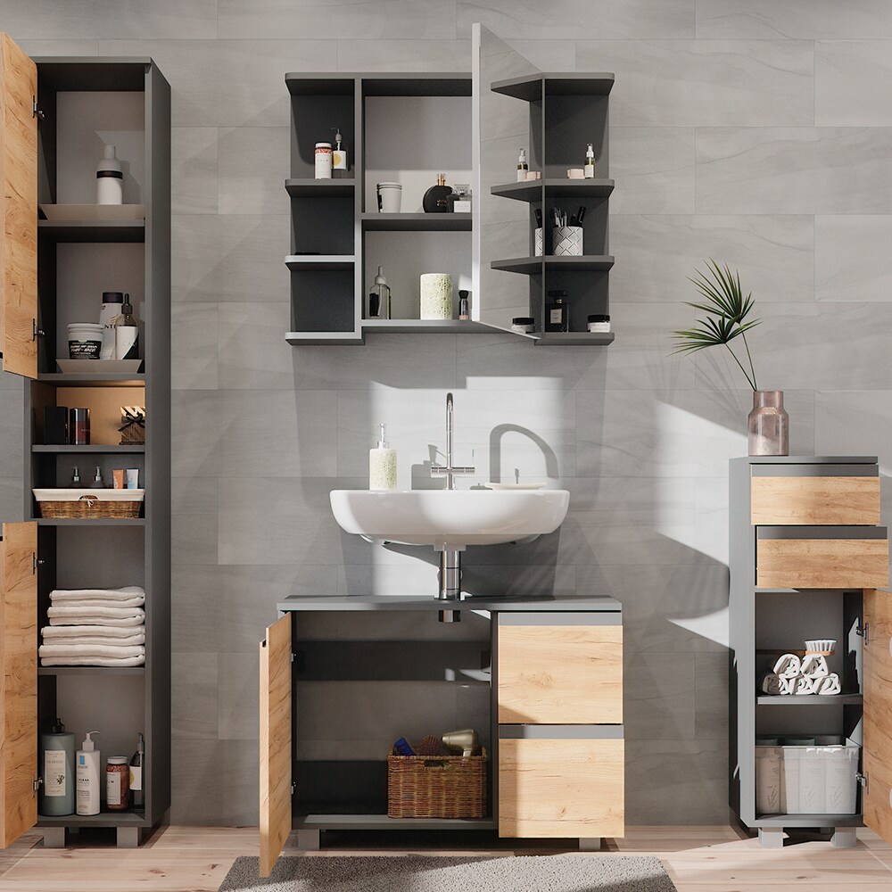 Vicco Badmöbelset J-shape Anthrazit Eiche modern Badezimmer Schrank Badschrank Waschtischunterschrank Spiegelschrank Midischrank Hochschrank Schranktür Schrankschublade Schrankfach Ablage Aufbewahrung