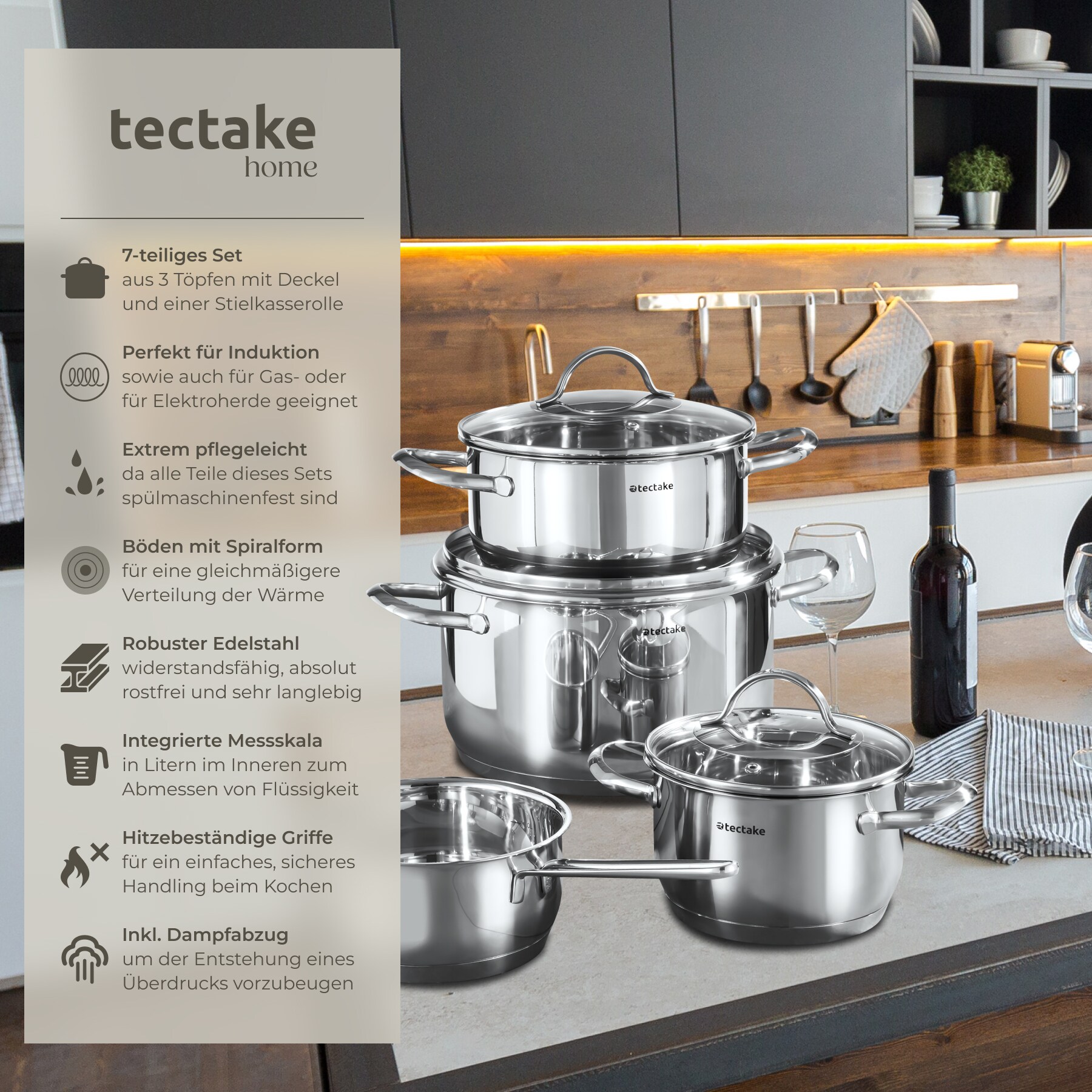 tectake® Kochtopfset, 7-teilig, aus Edelstahl, für Induktion geeignet, Glasdeckel mit Dampfabzug, integrierte Messskala in den Töpfen
