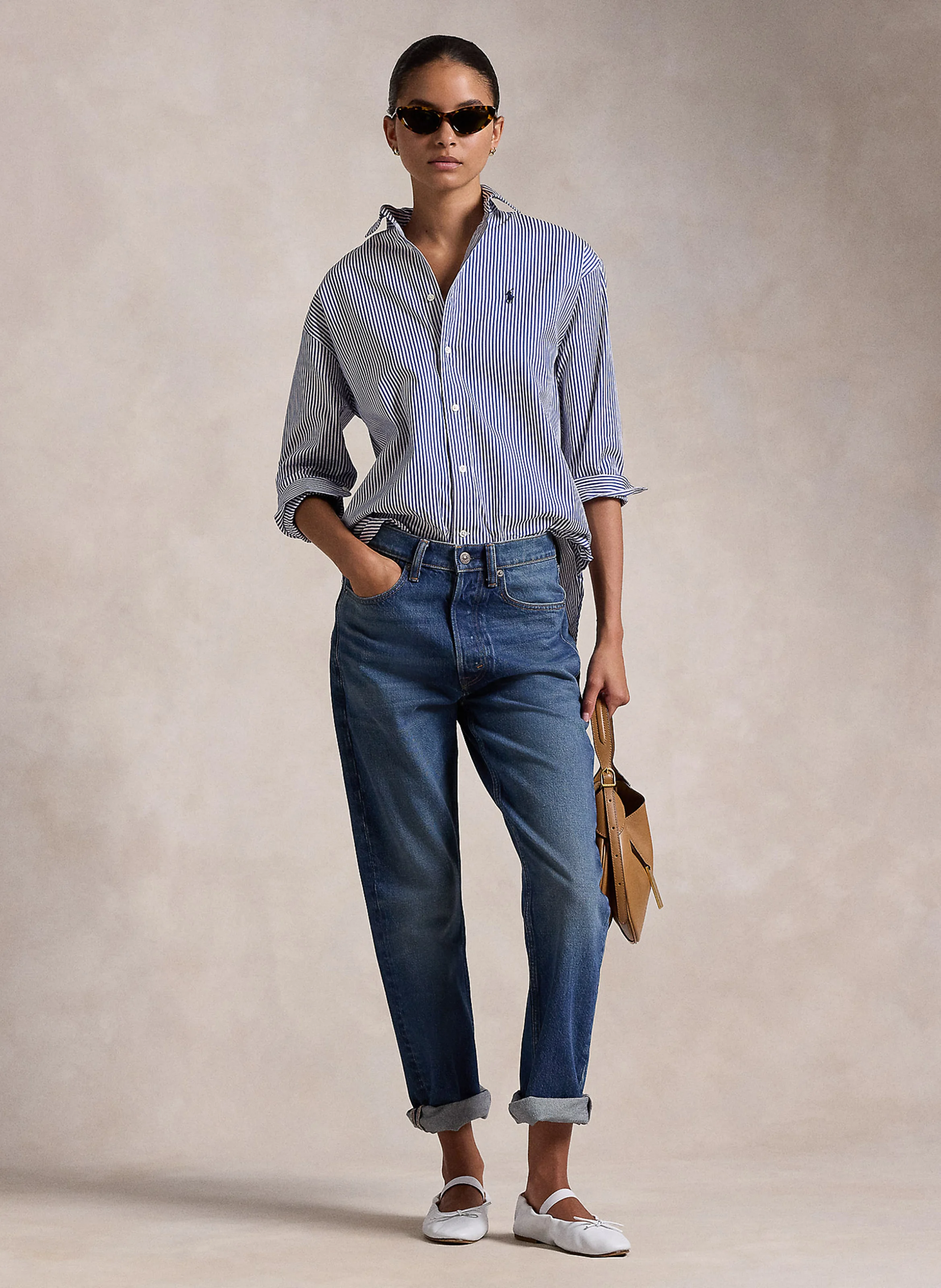 Chemise droite col polo en coton rayé | Bleu