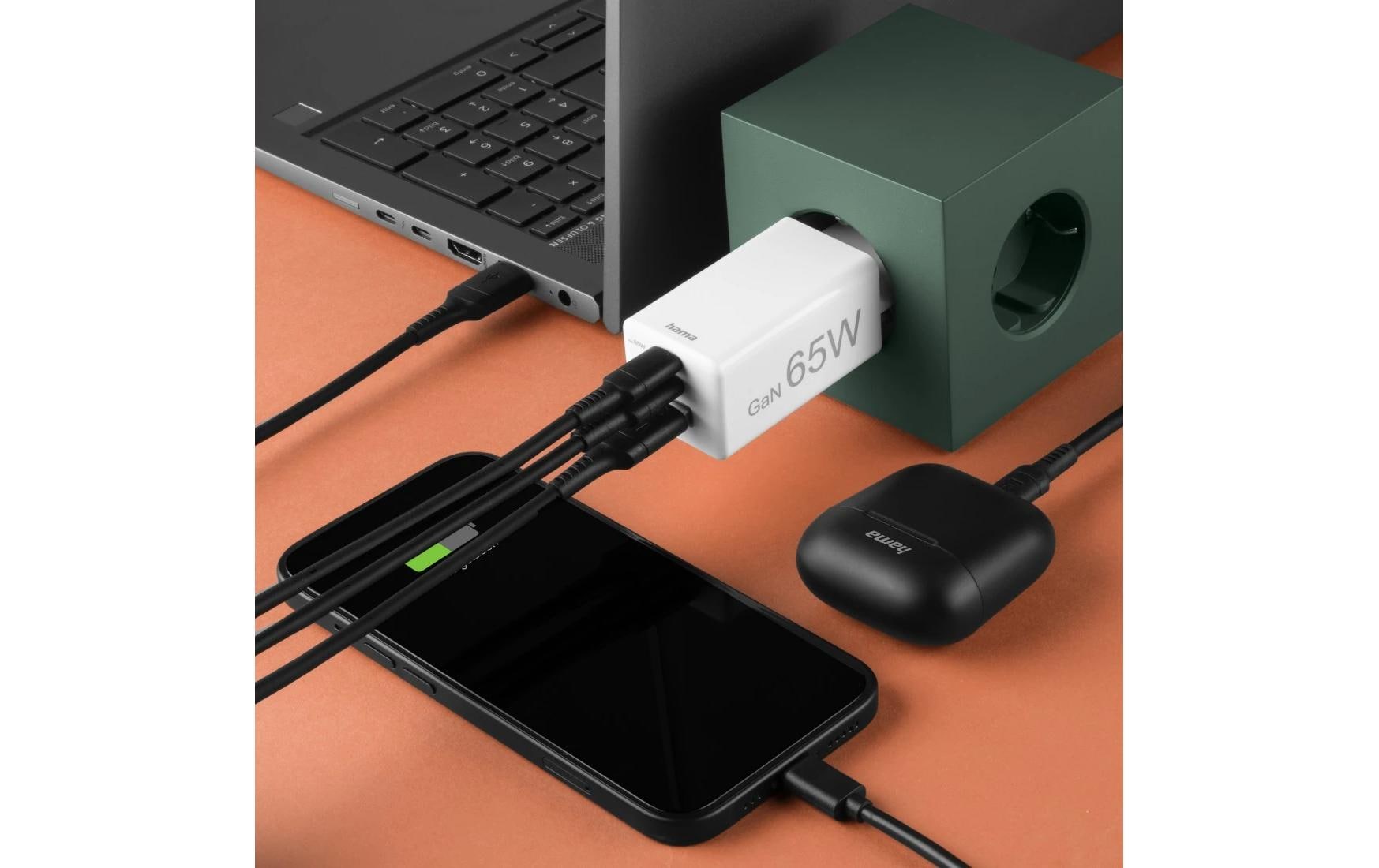 USB-Wandladegerät Gan charger 2x USB-A USB-C 65 W WeissSchnellladegerät mit 1x USB-C und 2x USB-A