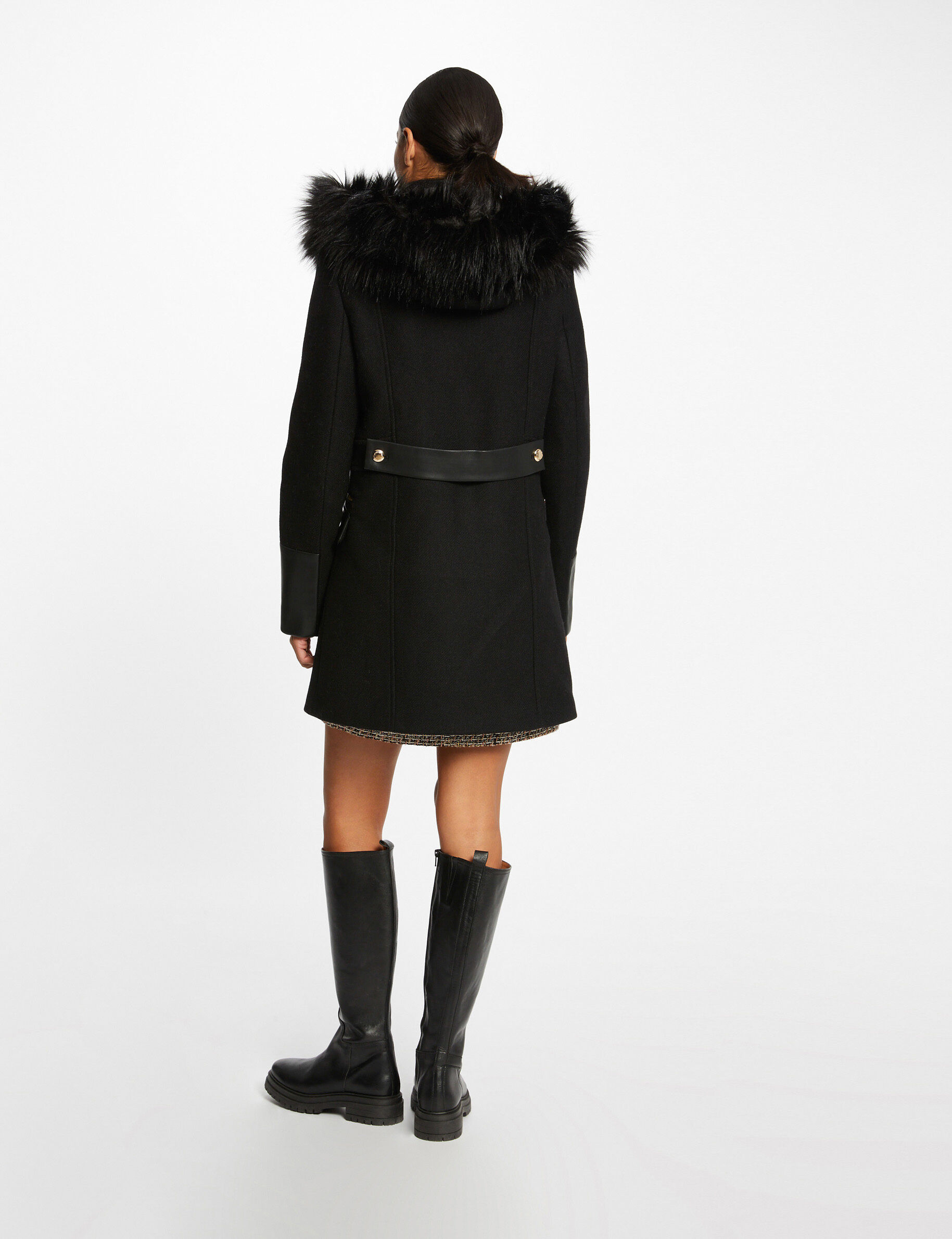 Manteau droit zippé à capuche noir femme - noir