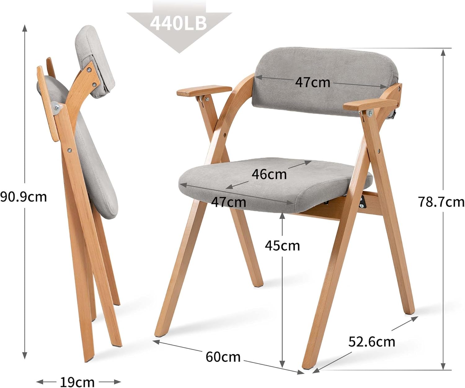Holz-Faltstühle mit gepolsterten Kissen, Faltbare Esszimmerstühle mit abriebfestem Kunstleder, tragbar und vormontiert für Gäste, Küche, Büro, Hochzeit und Party, Grau