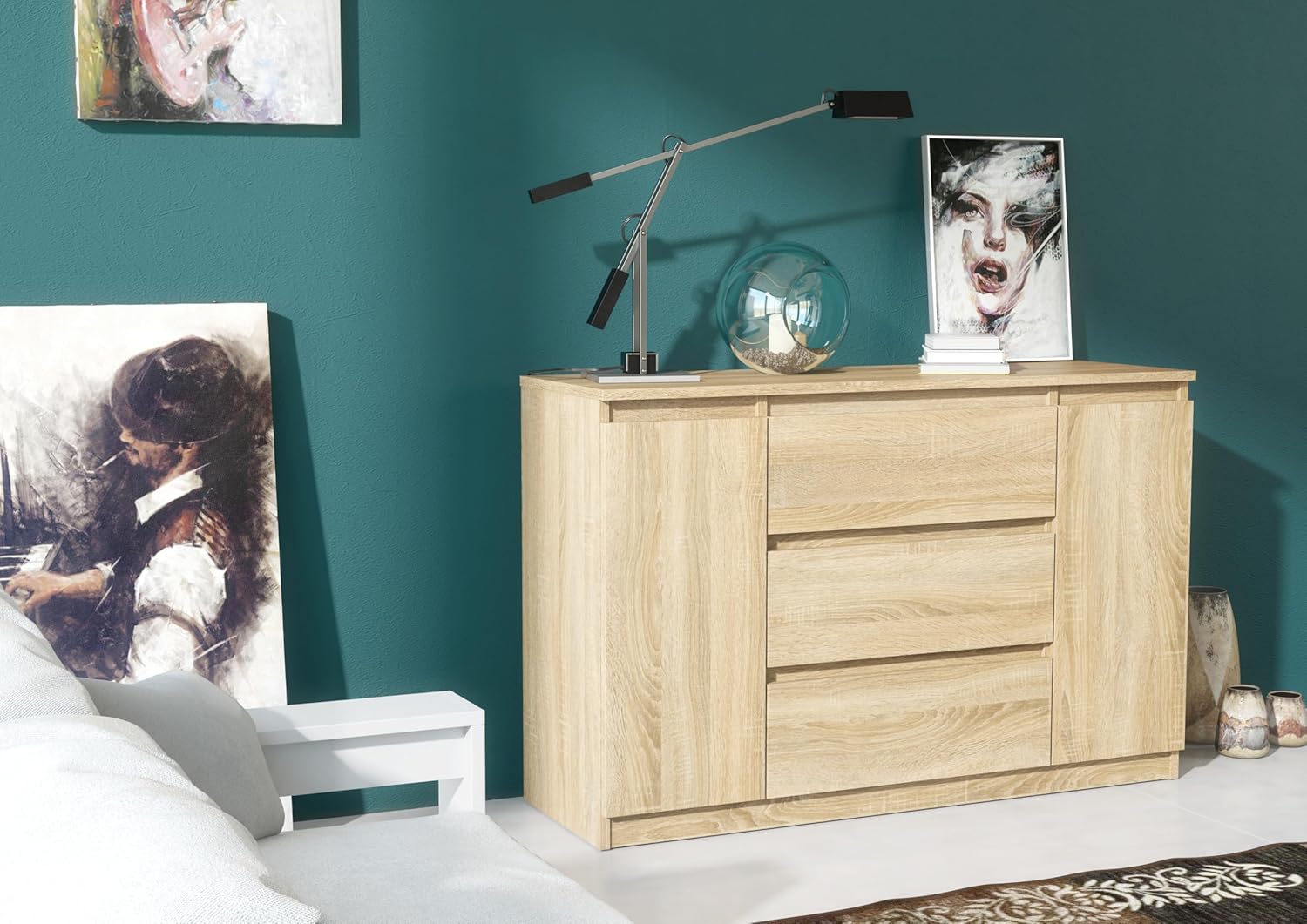 meble masztalerz Kommode 120 cm Breit - Modernes Sideboard - Highboard mit 3 Schubladen - Schubladenschrank - Kommodenschrank für Wohnzimmer, Flur, Schlafzimmer - Sonoma Eiche 120x78,2x39 cm