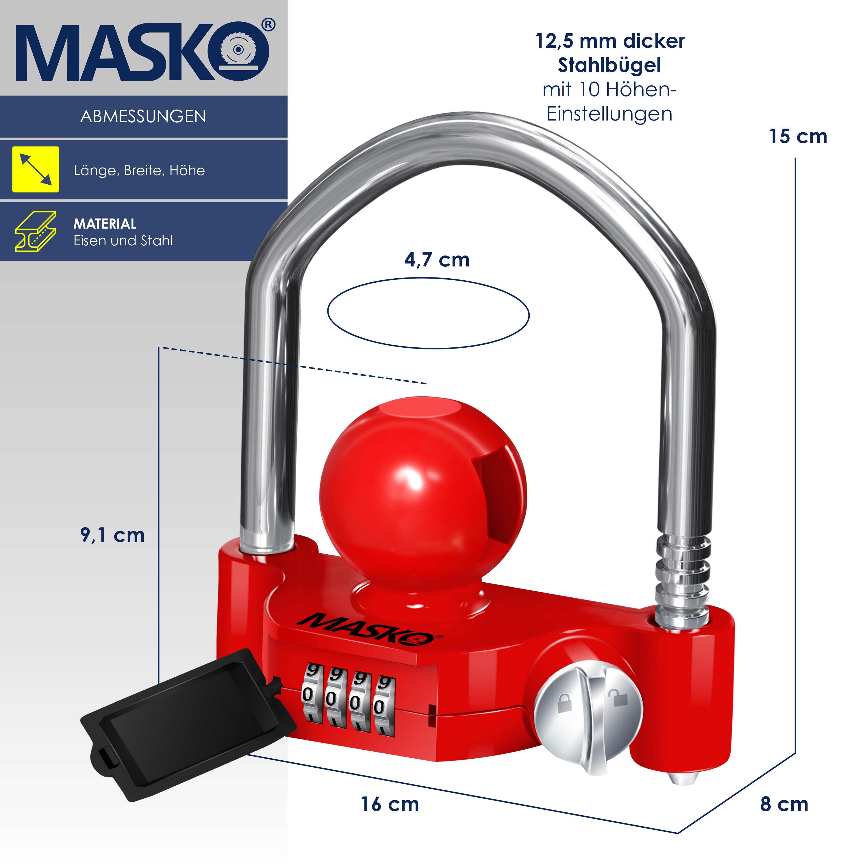 MASKO® Anhängerschloss Zahlenschloss mit 4 Stellig Code für gängige Anhängerkupplung Anhängerkugelsperrkupplung einfache Montage Diebstahlschutz Wohnwagen Anhänger Abschleppsperre Stahlbügel