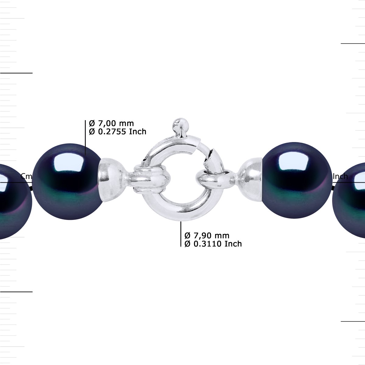 Collier Rang PRINCESSE Perles d'Eau Douce Rondes 7-8 mm Noires Fermoir Prestige Or Blanc 18 Carats