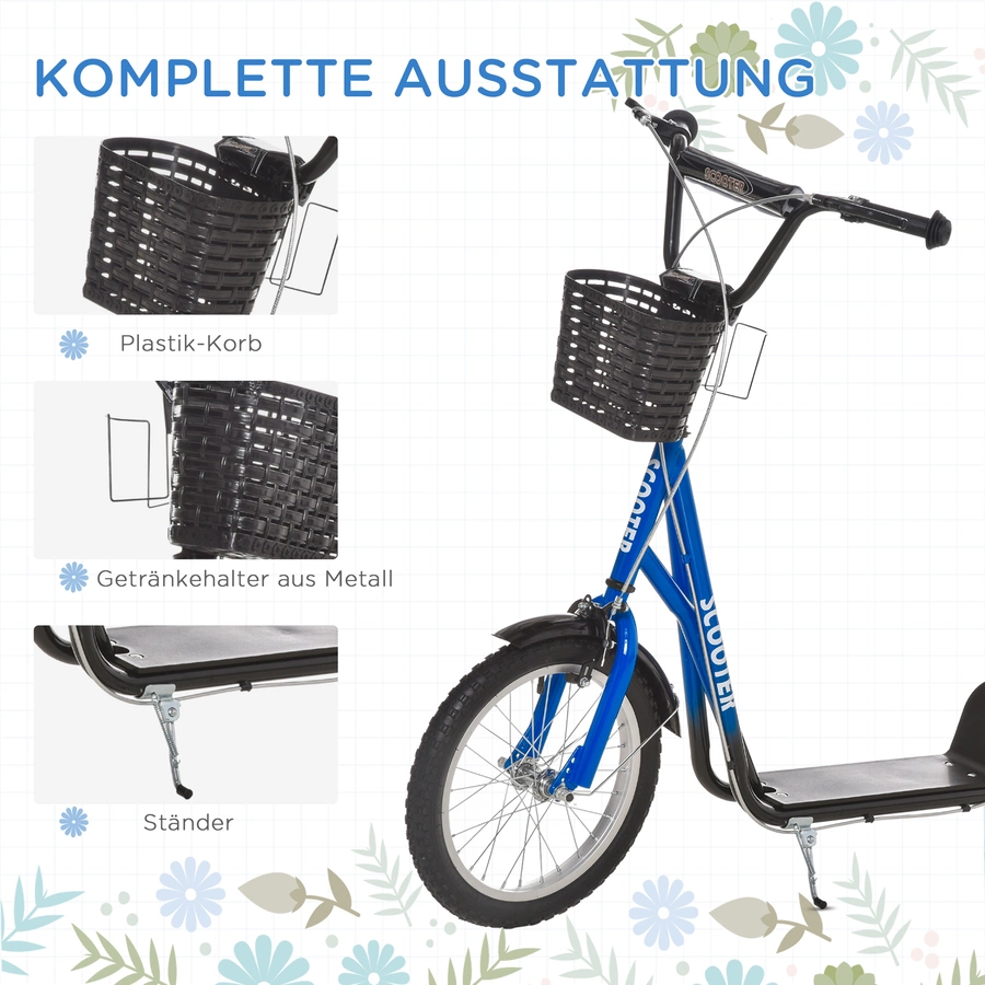 HOMCOM Kinderroller mit Vorderkorb blau, weiß
