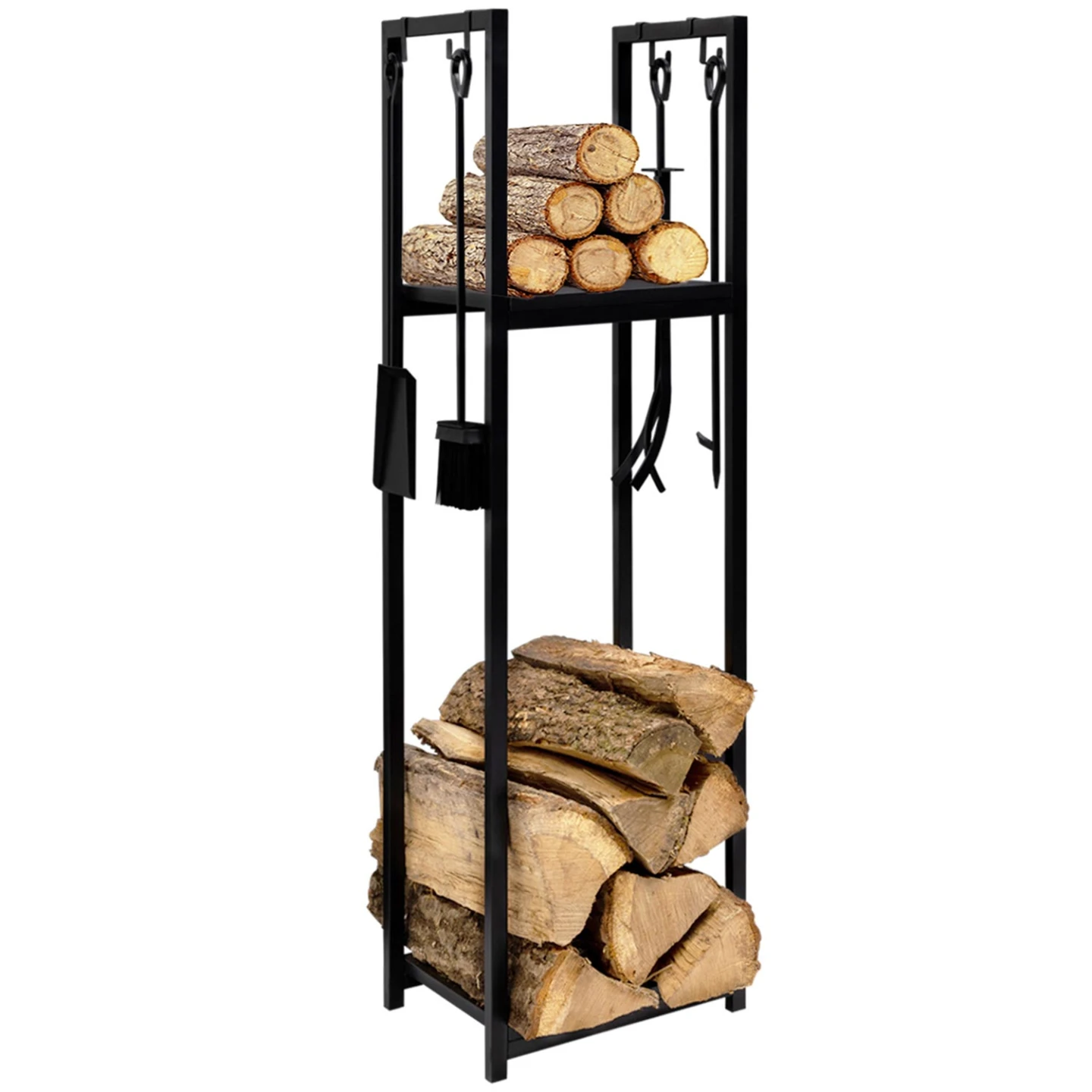 Range bûches vertical acier noir avec accessoires et 1 étagère H.112 CM