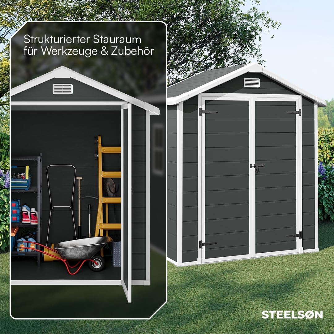 STEELSØN Novara Gerätehaus – Gartenschuppen mit Satteldach & Fenster – Gartenhaus 210x134x182 cm (HxTxB) – Geräteschuppen aus Kunststoff in Anthrazit – Gartenhütte wetterfest & rostfrei – Schuppen