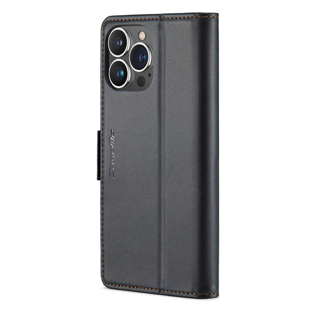 iPhone 14 Pro Leder Tasche Flip Wallet Etui mit Kartenfächern Litchi Look (RFID Schutz) - Schwarz