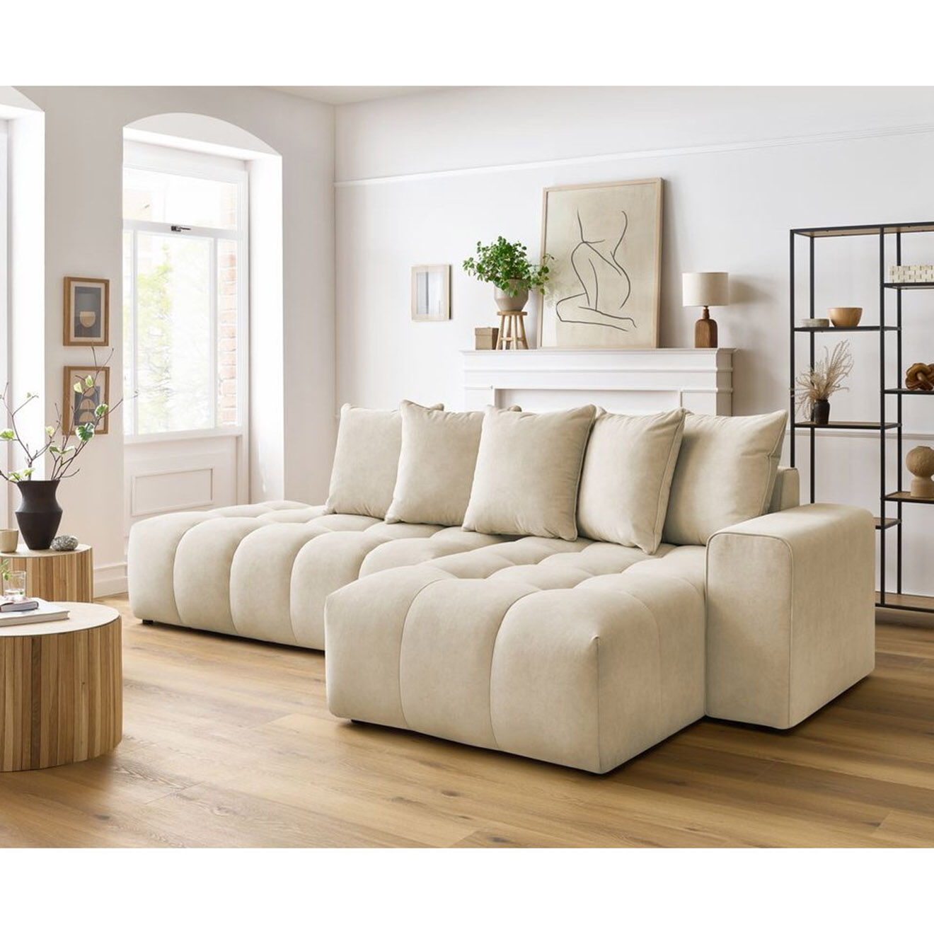 Bobochic Canapé d'angle fixe mont-blanc velours angle droit beige - 313x176x97 cm
