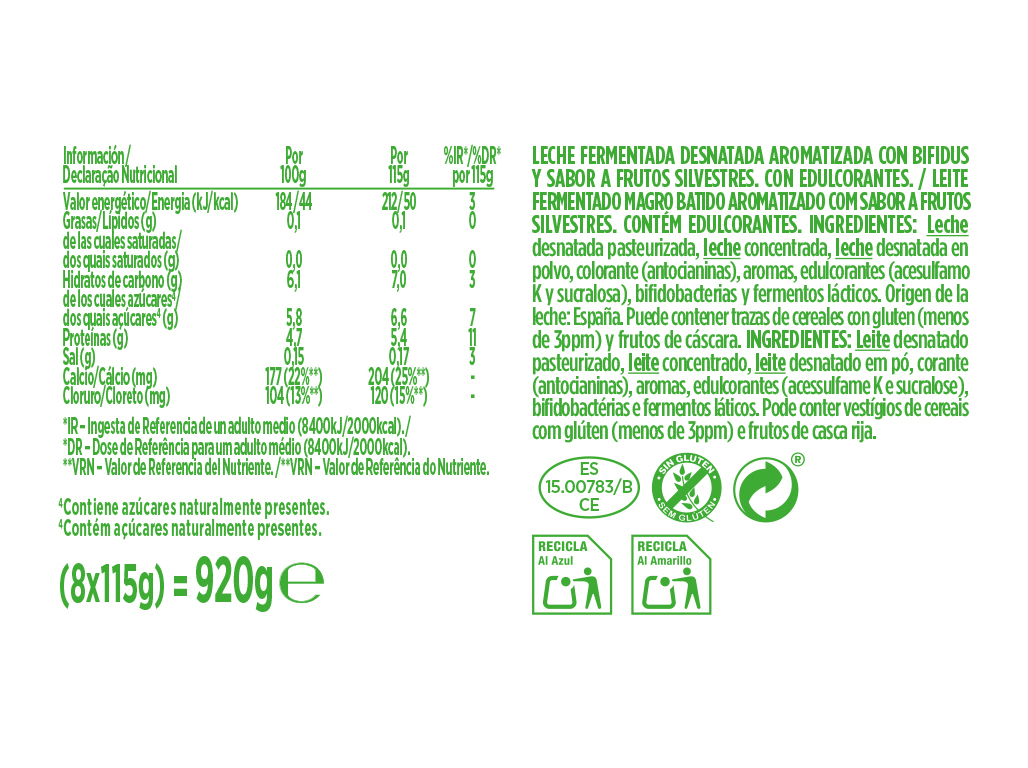IOGURTE ACTIVIA BIFIDUS FRUTOS SILVESTRES 0% 8X115G