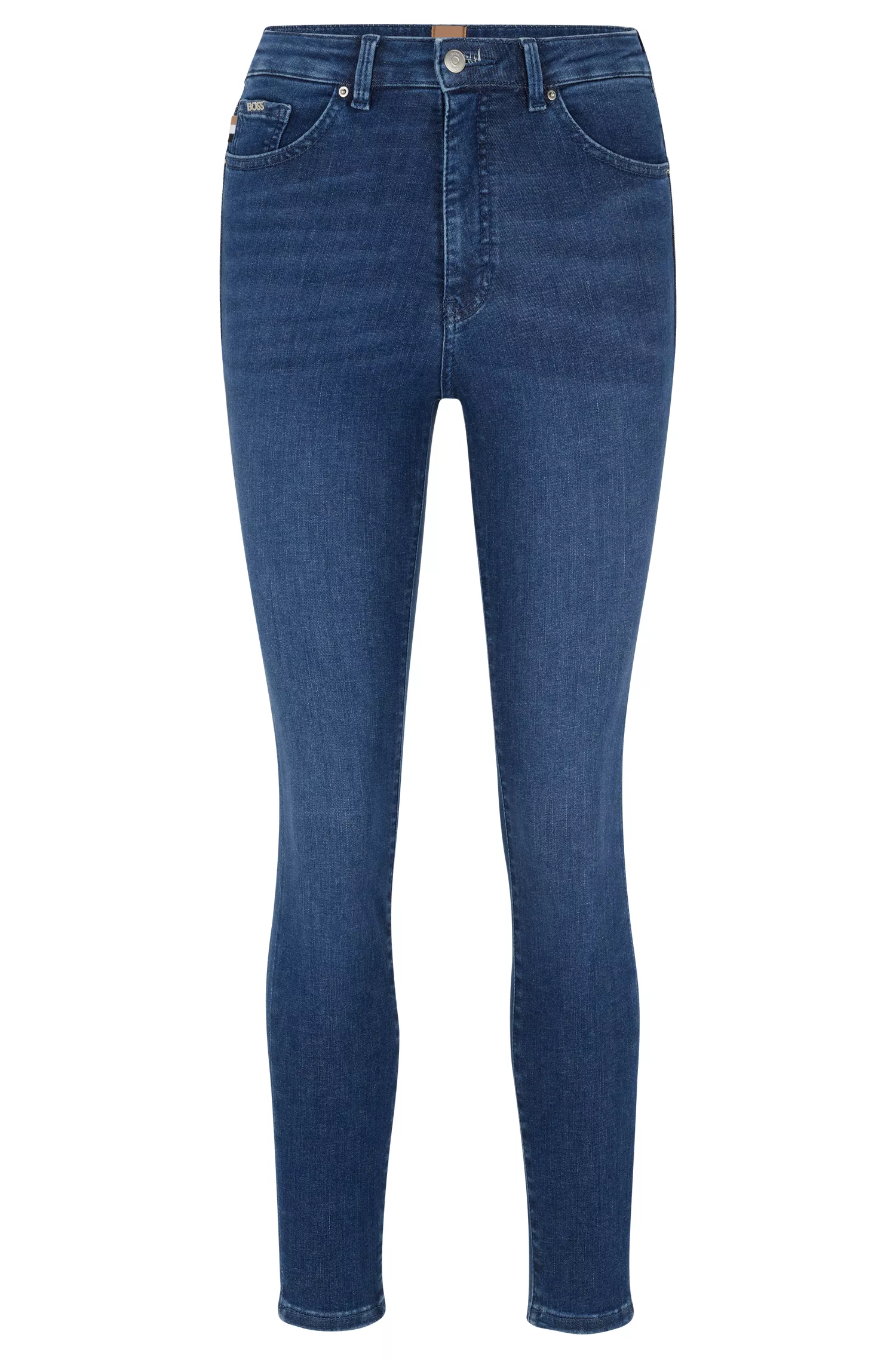 Calça jeans BOSS preta de cintura alta em denim power-stretch azul.