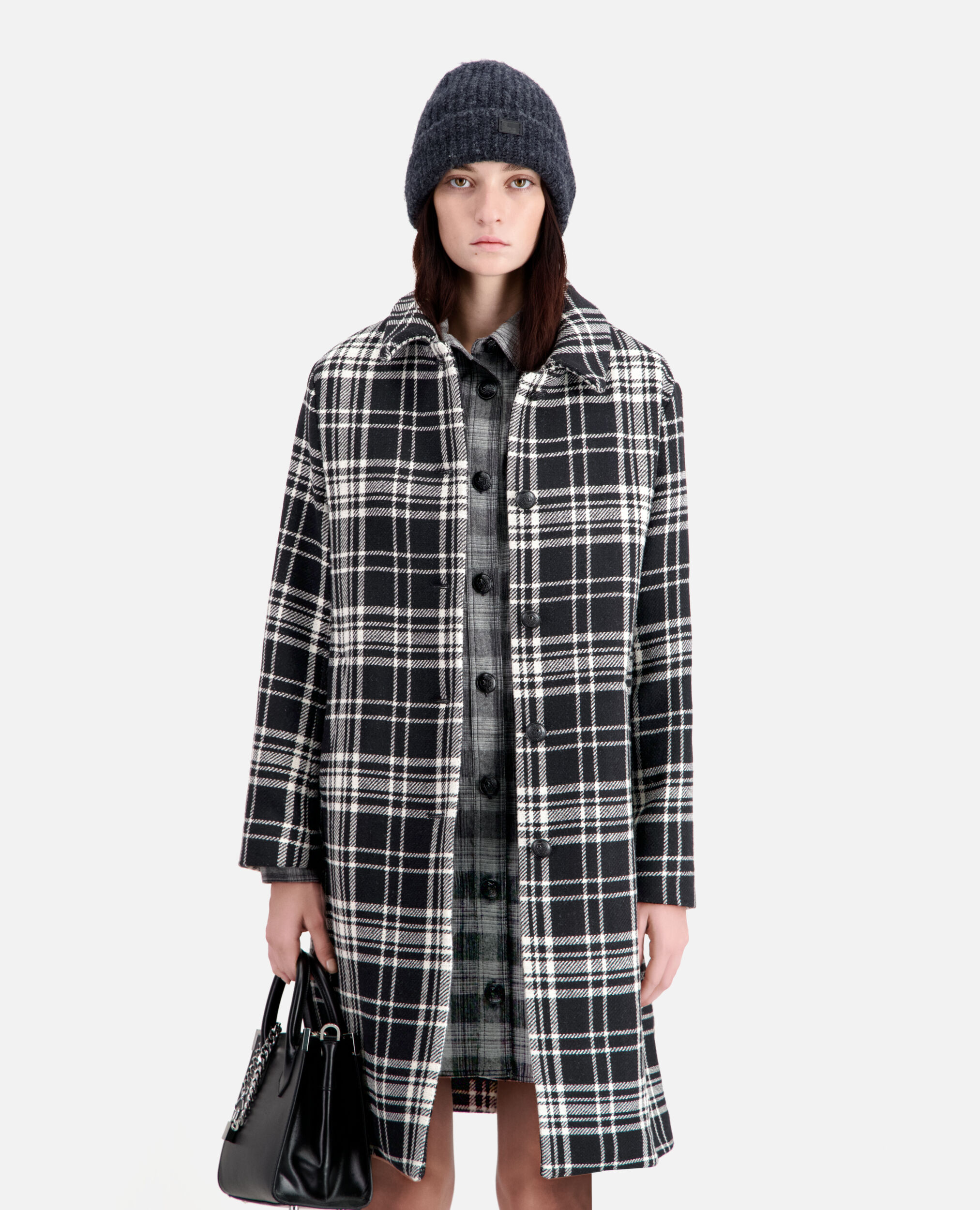 Long checkered coat in wool blend
