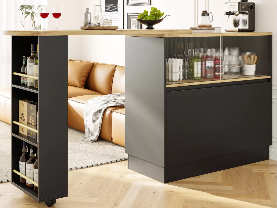 Buffet、Meuble de bar pivotant et escamotable en MDF - grand espace de rangement - style contemporain - Noir