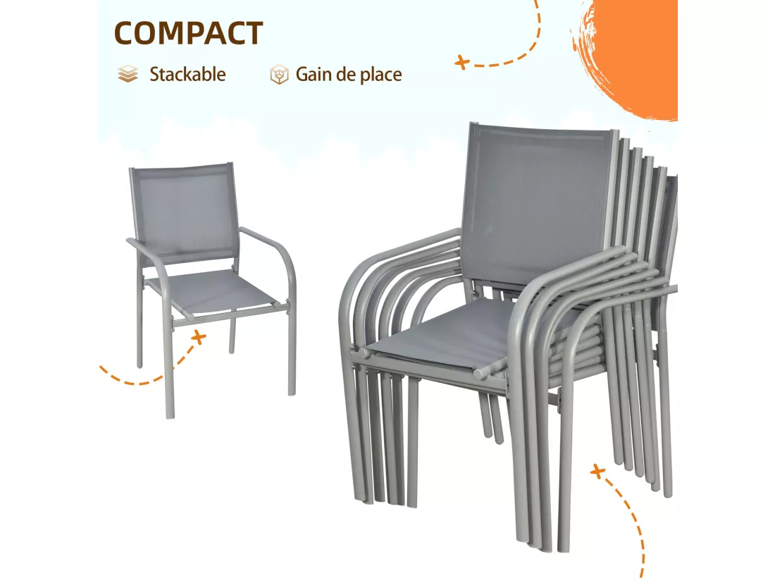 Ensemble de jardin 6 personnes chaises empilables table à manger dim. 150L x 90l x 72H cm plateau verre acier époxy textilène gris