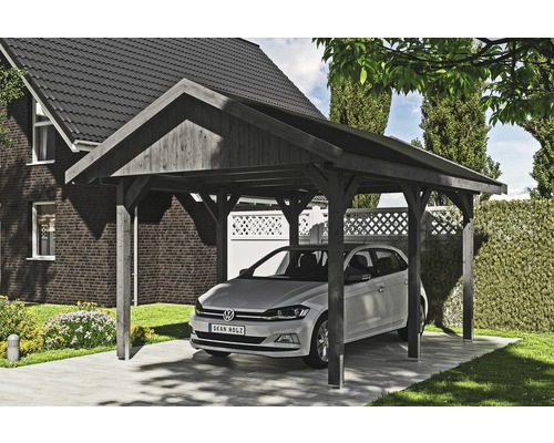 Enkele carport SKAN HOLZ Wallgau incl. zwarte shingles en H-paalankers 380 x 500 cm grijs