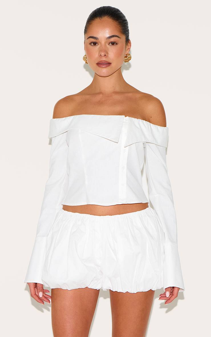 Blanc Chemise Bardot Boutonnée En Mélange De Lin