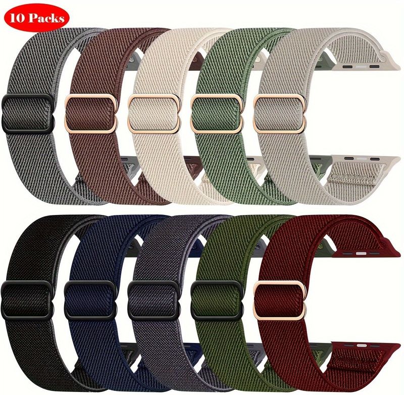 10-pack Rekbare -loopbanden Compatibel Met IWatch 49 Mm 45 Mm 44 Mm 42 Mm 41 Mm 40 Mm 38 Mm Heren Dames, Zachte Nylon Elastische Gevlochten Band Voor IWatch Ultra 2, Serie 9/8/7/6/5/4/3/2/1 SE