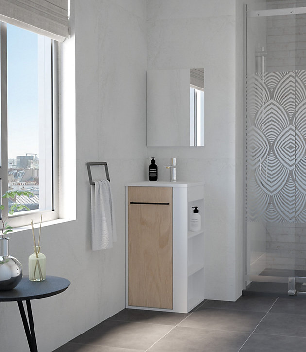 Meuble rectangle tout en un compact H.84 x l.44 cm, blanc mat, porte décor bois, Nova