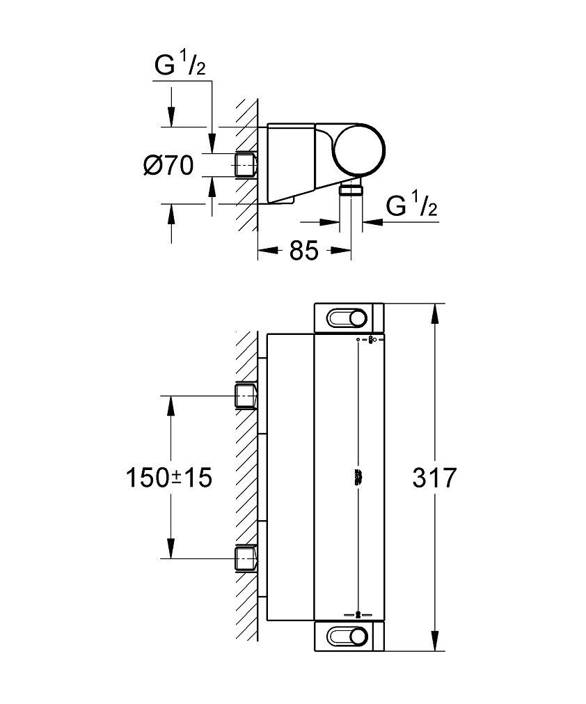 Grohe Grohtherm-2000 douchekraan thermostatisch m. koppelingen m. tray HOH=15cm chroom