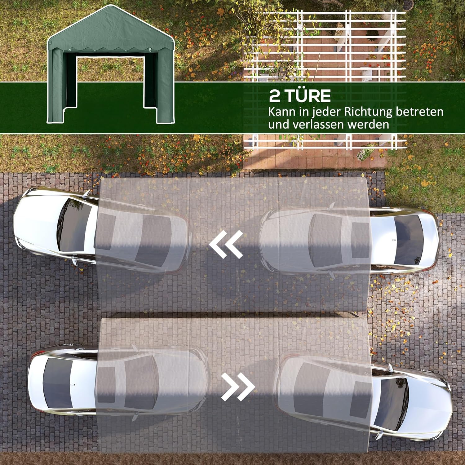 Outsunny Carport 3x6 m wasserdicht Garagenzelt mit Rolltüren, abnehmbaren Seitenwänden, UV-beständig Lagerzelt mit Dach, Zeltgarage Garagenüberdachung Unterstand Weidezelt für Auto, LKW, SUV, Grün