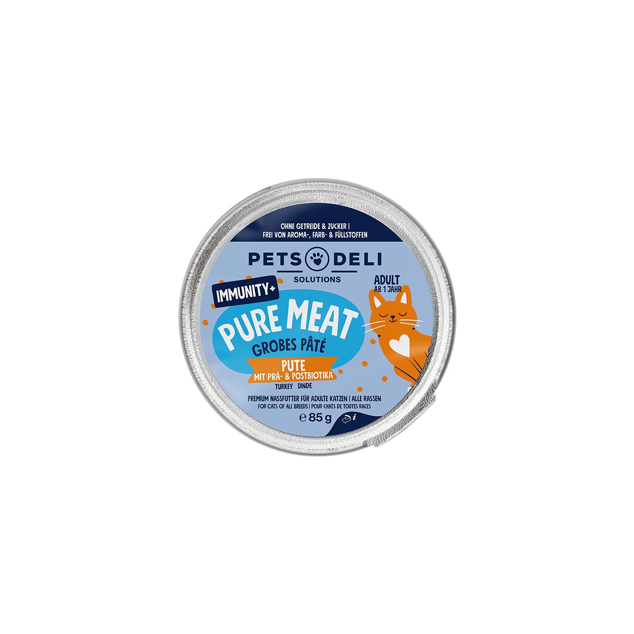 Pets Deli Pure Meat Nassfutter Katze Adult, Immunity+ Pute mit Prä- & Postbiotika 12x85g