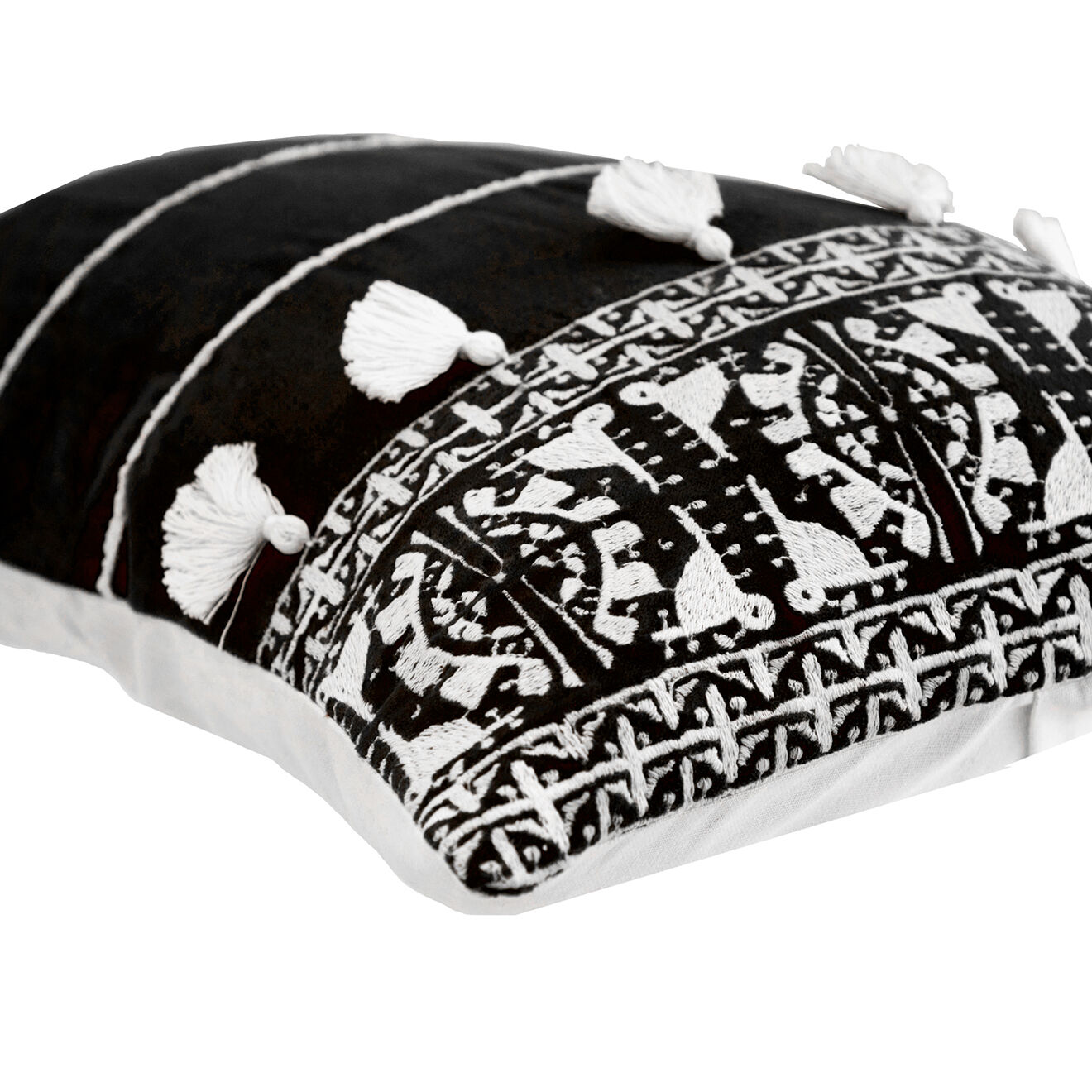 Febronie Housse de coussin néo berbère en Velours brodée noire - 50x30 cm