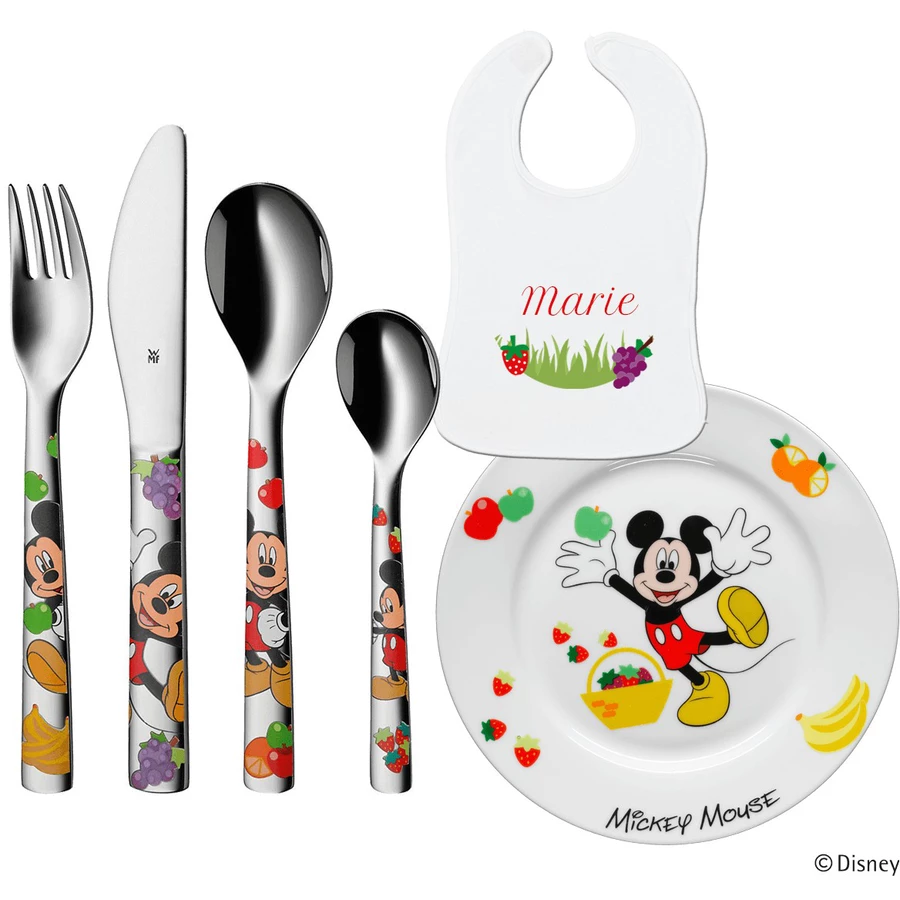 Schnullireich Geschenkset mit Namen Mickey Mouse: WMF Kinderbesteck + Teller + Lätzchen 6-Tlg Silber