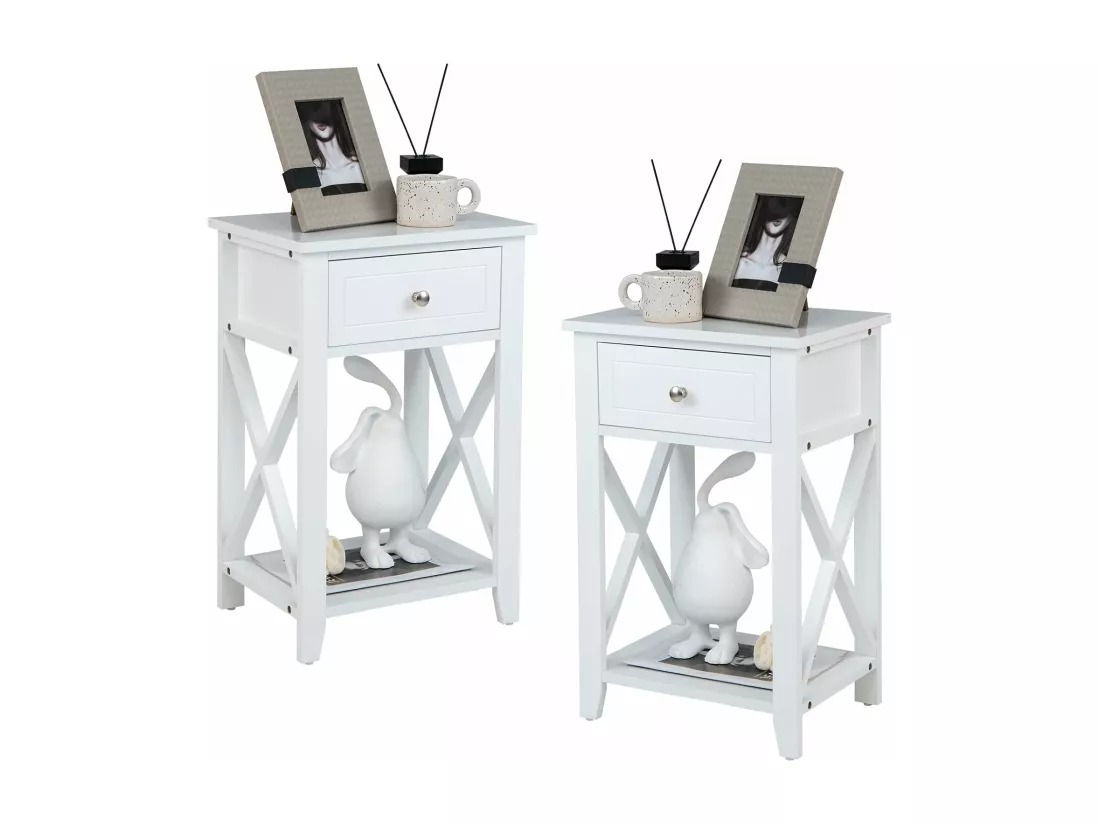 Table de Chevet avec Tiroir et Étagère Ouverte, Table de Nuit Table d'Appoint Poignée en Métal pour Salon, Chambre, Bureau, Appartement, 40x30x61,5cm (Blanc*2)