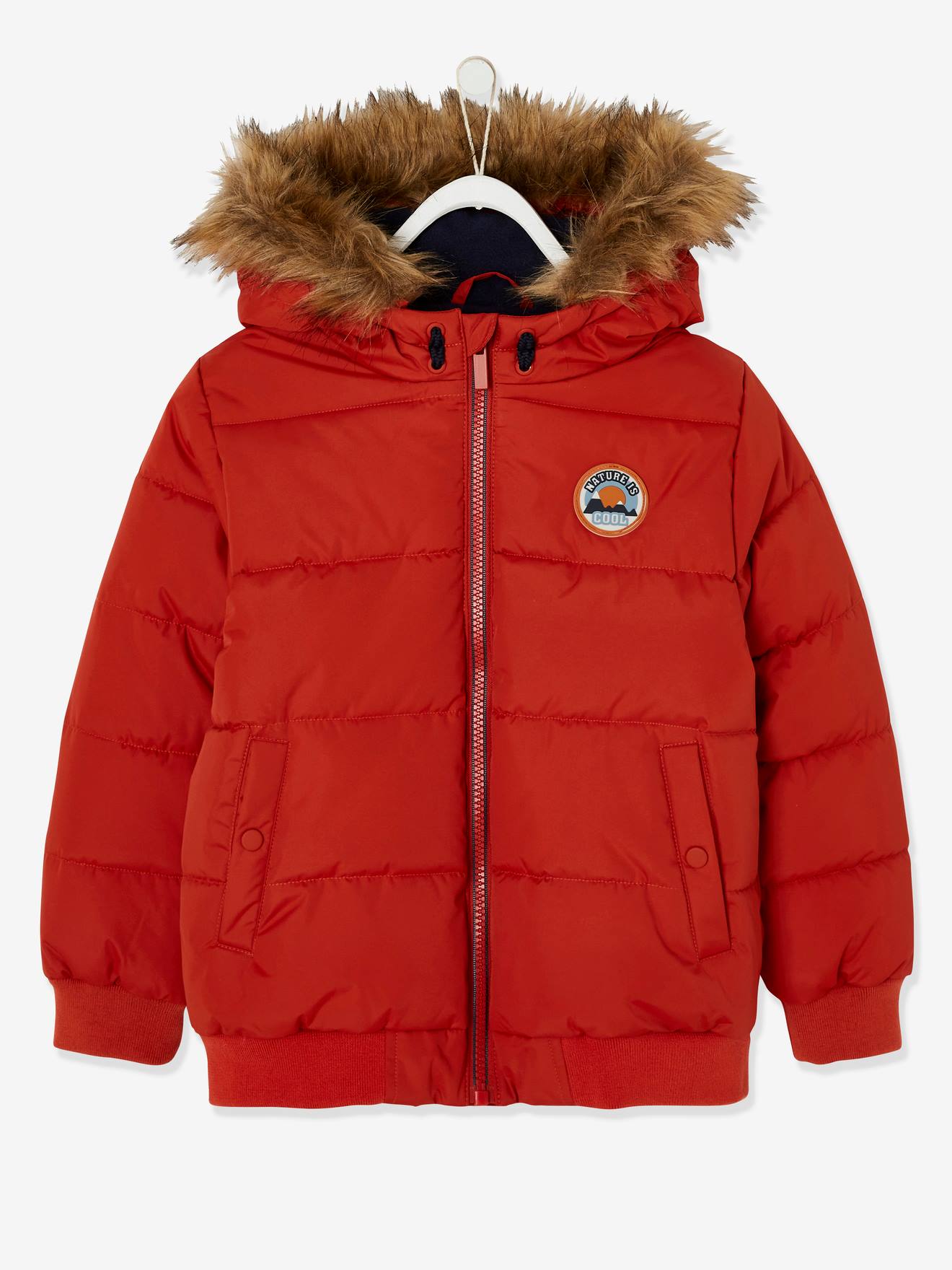 Jaqueta acolchoada com capuz e forro de lã polar laranja liso tamanho médio com estampas.