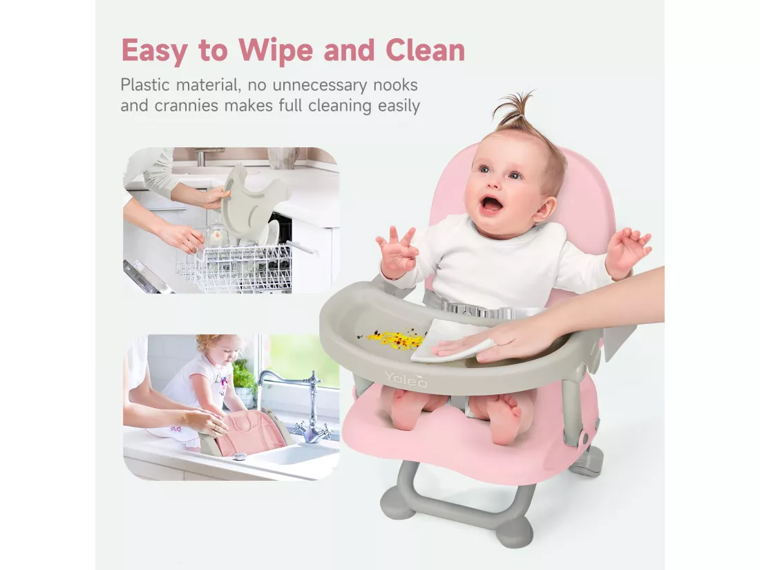 YOLEO Réhausseur Chaise Enfant Pliable,Chaise Haute Bébé Portable, Bébé Chaise repas en Hauteur Réglable,Plateau Amovible,6 mois à 3 ans,Rose
