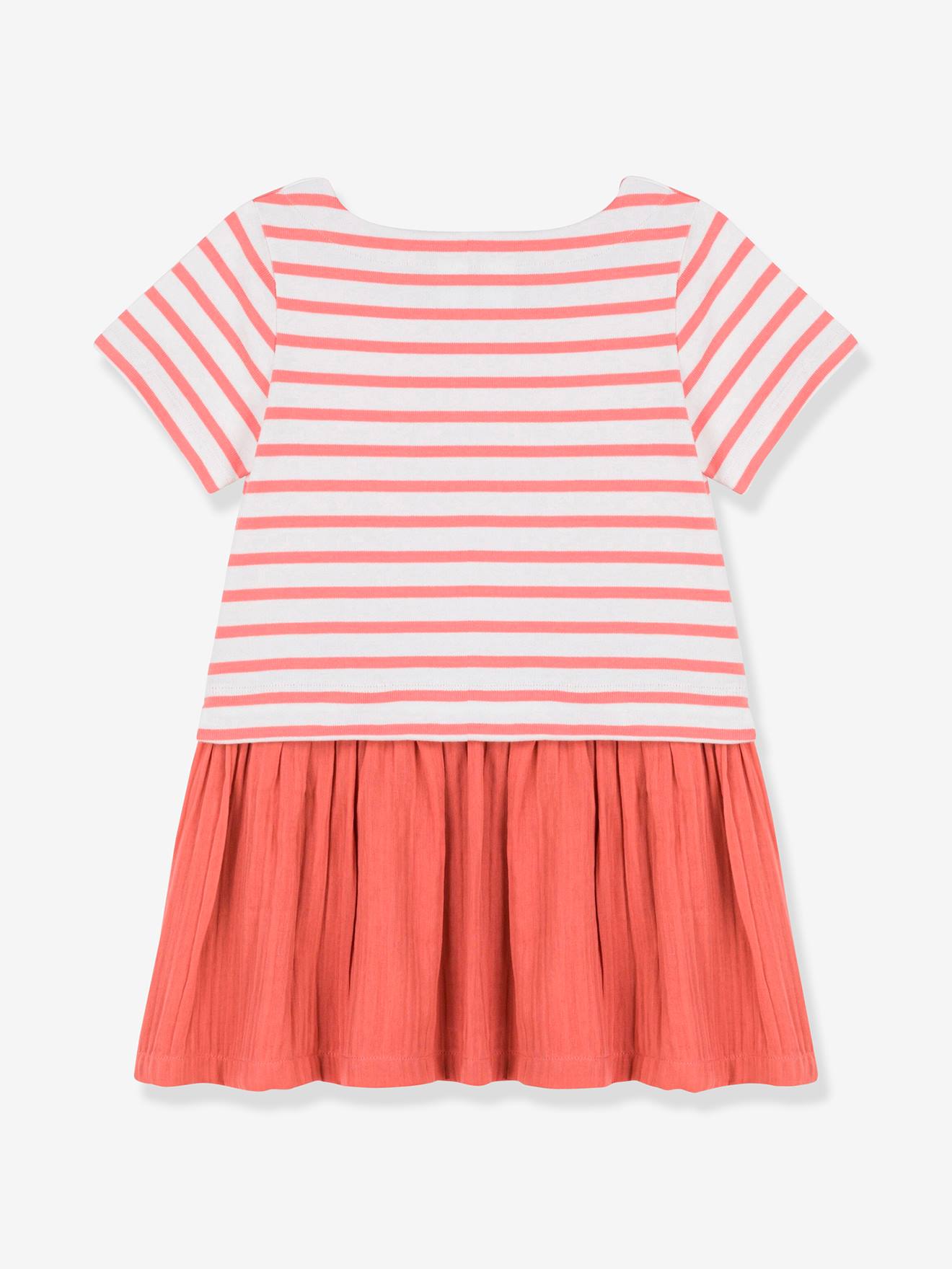 Vestido curto PETIT BATEAU em malha de algodão orgânico listrada vermelho claro e chiffon, com mangas curtas.