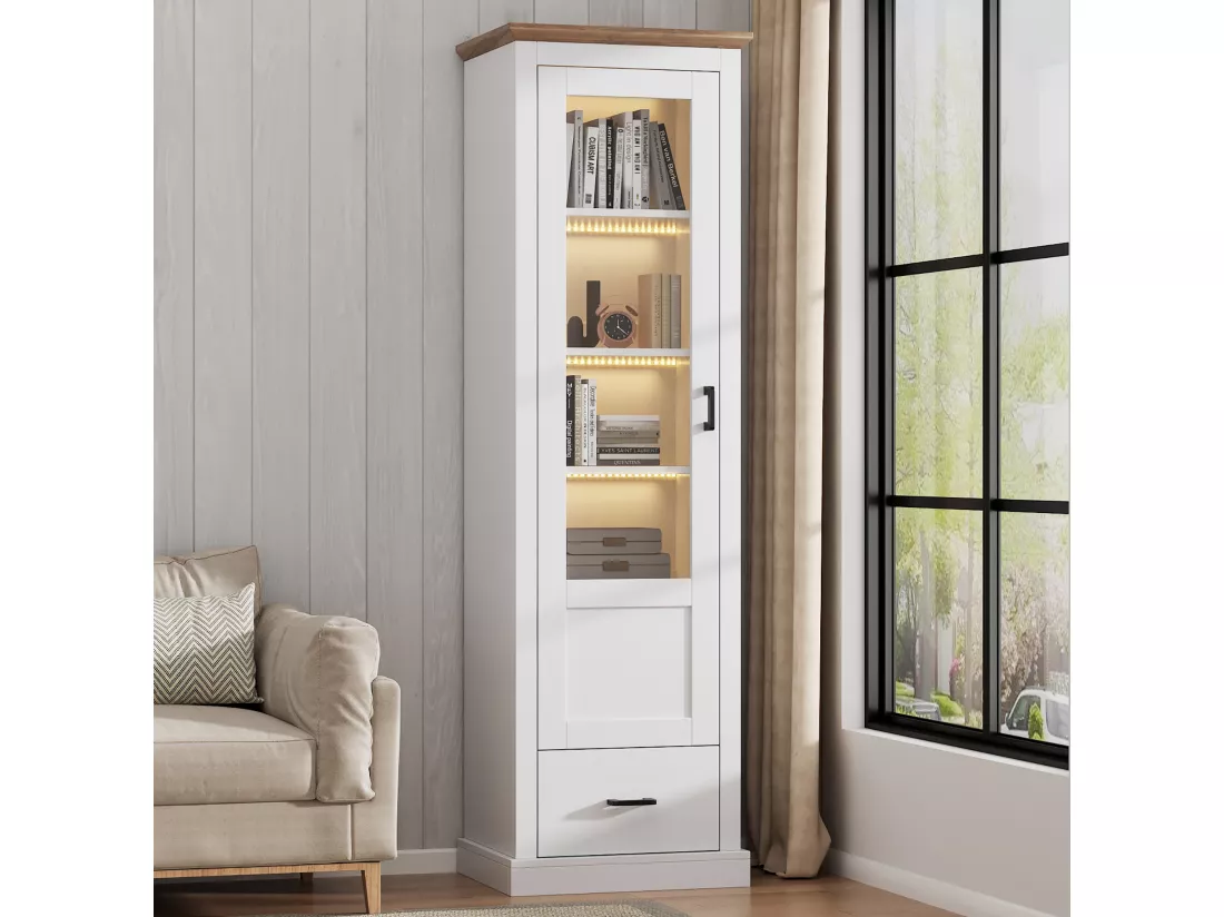 Vitrine avec 1 porte en verre et 1 tiroir - 50 x 35 x 178 cm - LEDs - Panneau de particules et verre - Blanc