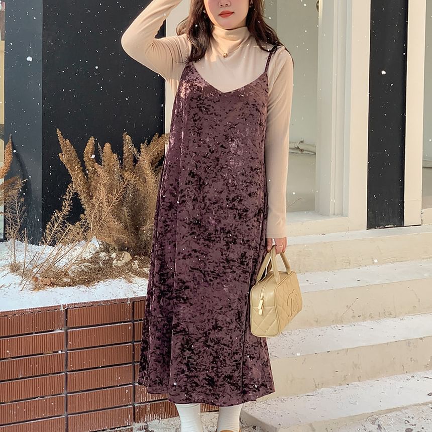 Tripoly - Plus Size Top met lange mouwen en mockneck / Spaghettibandjes Fluwelen Midi-jurk / Set
