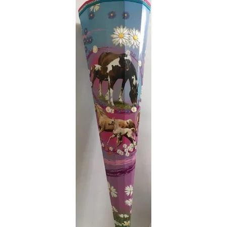 Nestler Schultüte Pferde mit aufgesetzten Blumen 3 farbige Borde und Organza Pink, 85 cm 12 eckig